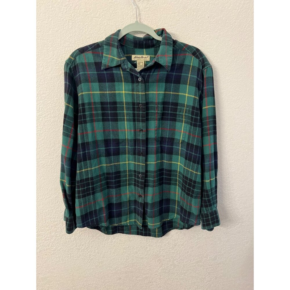 Eddie Bauer green plaid flannel shirt women size large